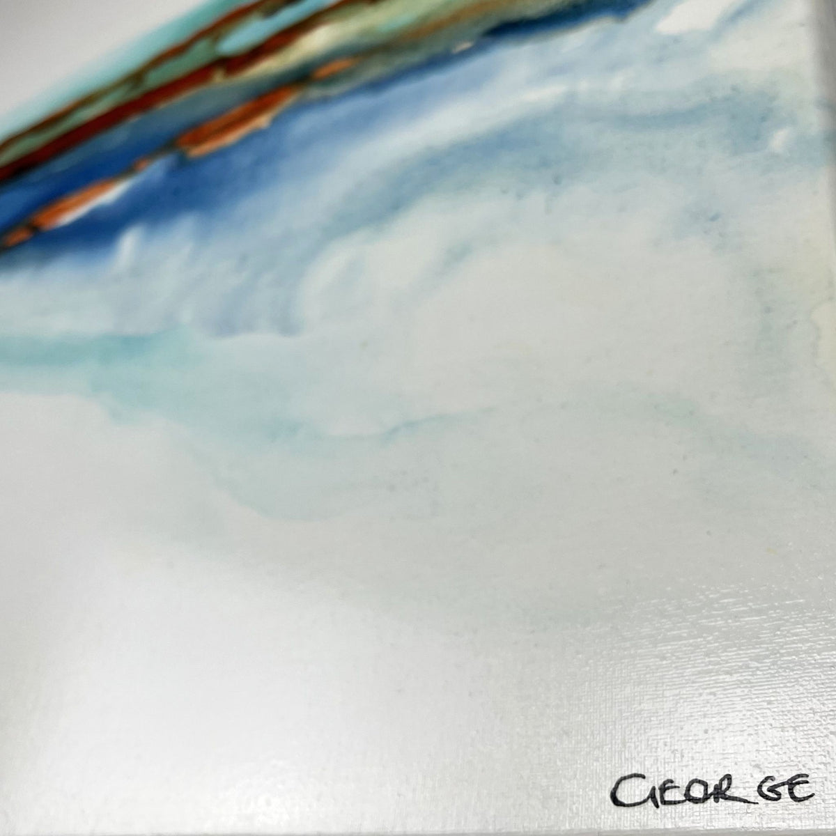 Abstract coastal ink painting with horizontal bands of teal, amber, and ultramarine suggesting a distant shoreline