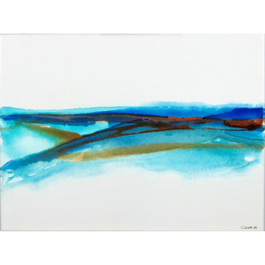 Abstract ink painting with sweeping blue and earth-toned layers evoking a modern coastal seascape