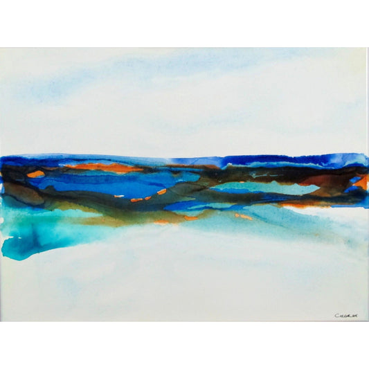 Medium abstract ocean-themed painting with vibrant blue, turquoise, and earthy layers suggesting shoreline and waves