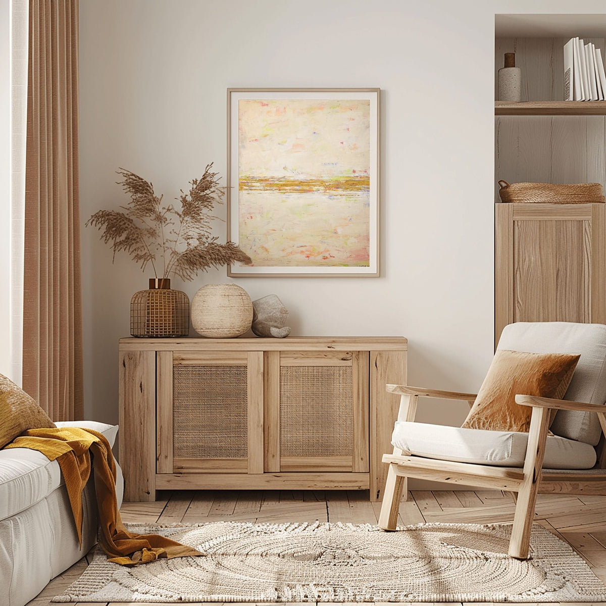 "Confetti Dawn" evokes the quiet magic of a new day, where delicate pastel whispers meet a shimmering gold horizon