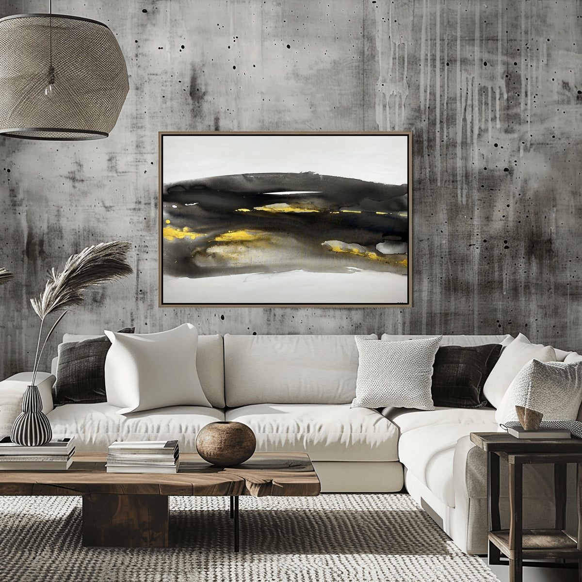 Abstract painting in black, white, and gold tones representing earth’s raw energy and hidden metals, from the Earth’s Whisper series by Charlotte George