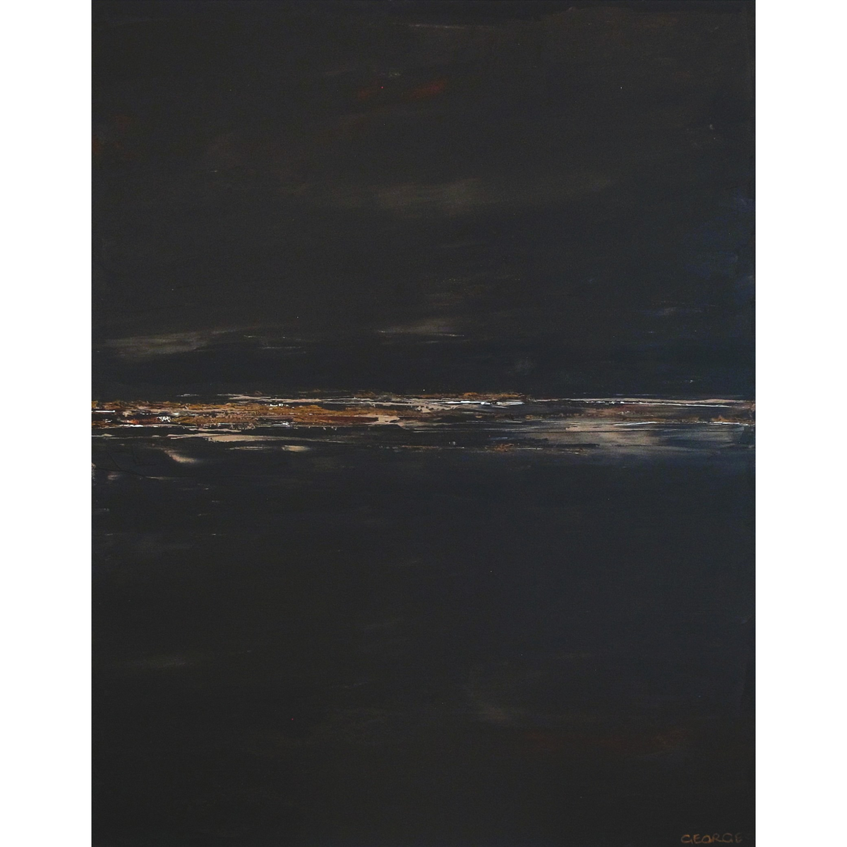 Bold abstract artwork with layered brown and taupe tones, evoking stone and earth in a modern, fluid composition