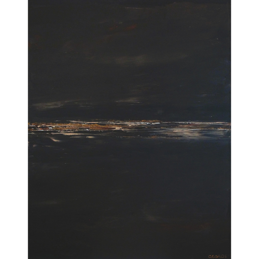 Bold abstract artwork with layered brown and taupe tones, evoking stone and earth in a modern, fluid composition