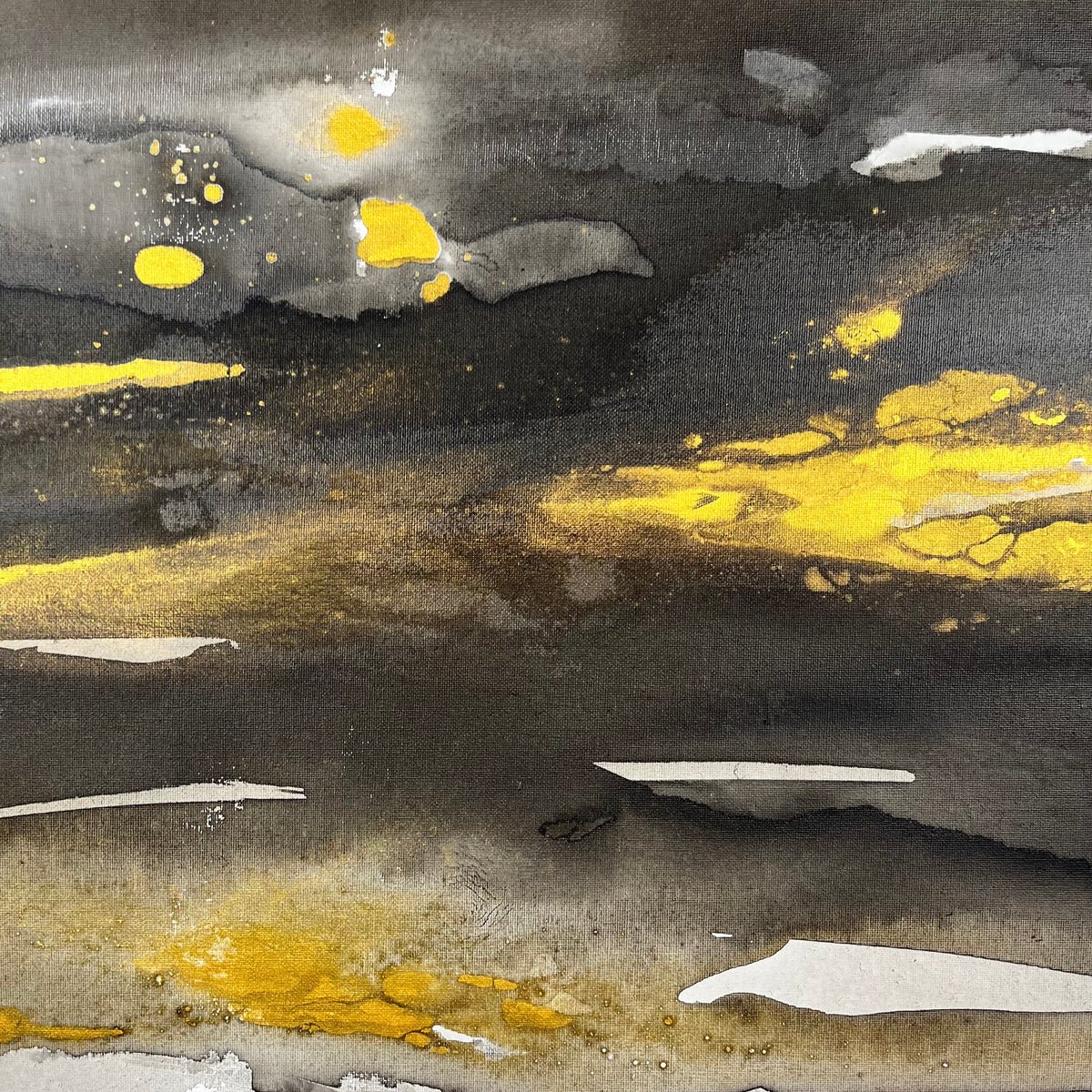 Abstract painting in black, gray, and gold tones by Charlotte George, Earth’s Whisper III, evoking molten movement and the deep pulse of the earth