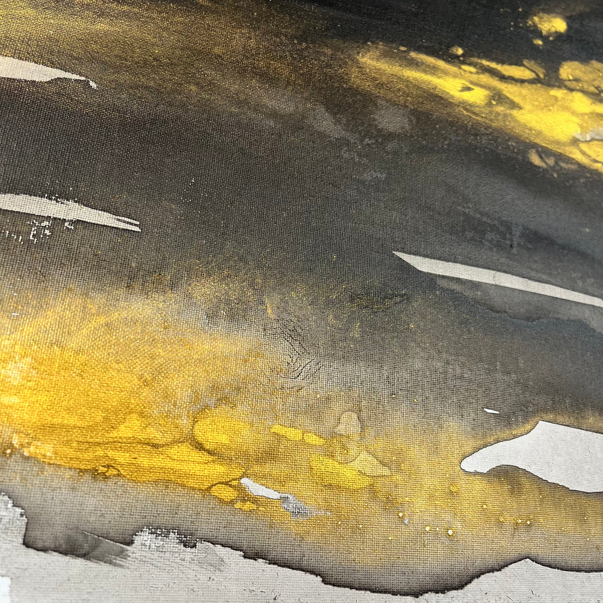 Abstract painting in black, gray, and gold tones by Charlotte George, Earth’s Whisper III, evoking molten movement and the deep pulse of the earth