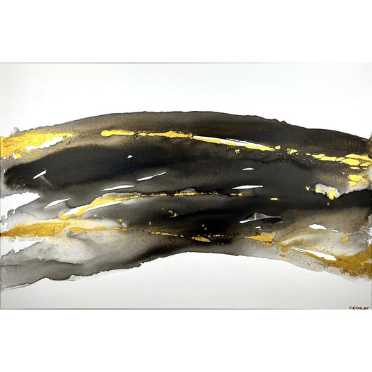 Abstract painting in black, white, and gold tones inspired by the movement and hidden elements of the earth, Earth’s Whisper II by Charlotte George.