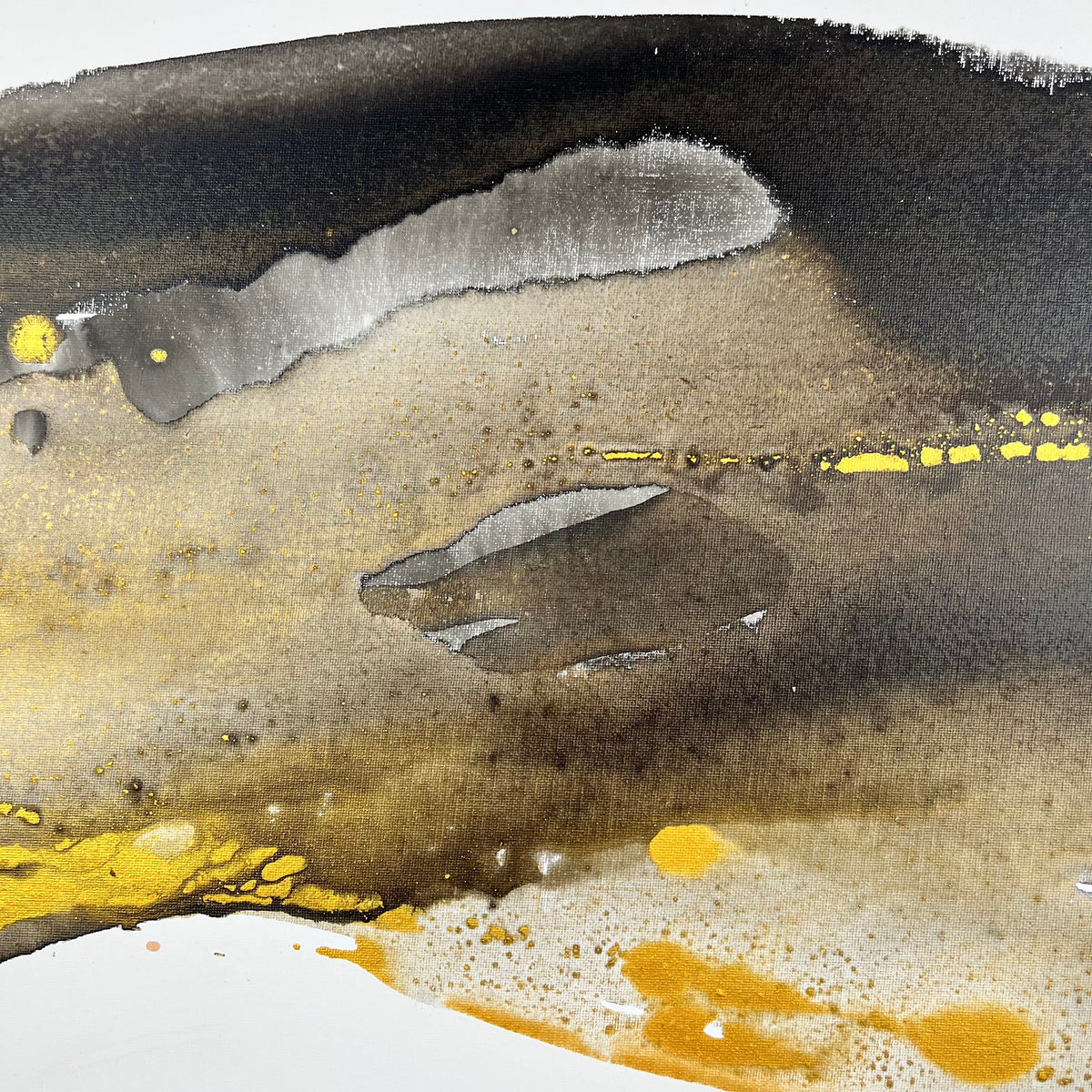 Abstract painting in black, gray, and gold tones by Charlotte George, Earth’s Whisper IV, expressing the molten energy and stillness of the earth.