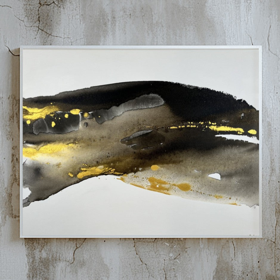 Abstract painting in black, gray, and gold tones by Charlotte George, Earth’s Whisper IV, expressing the molten energy and stillness of the earth.
