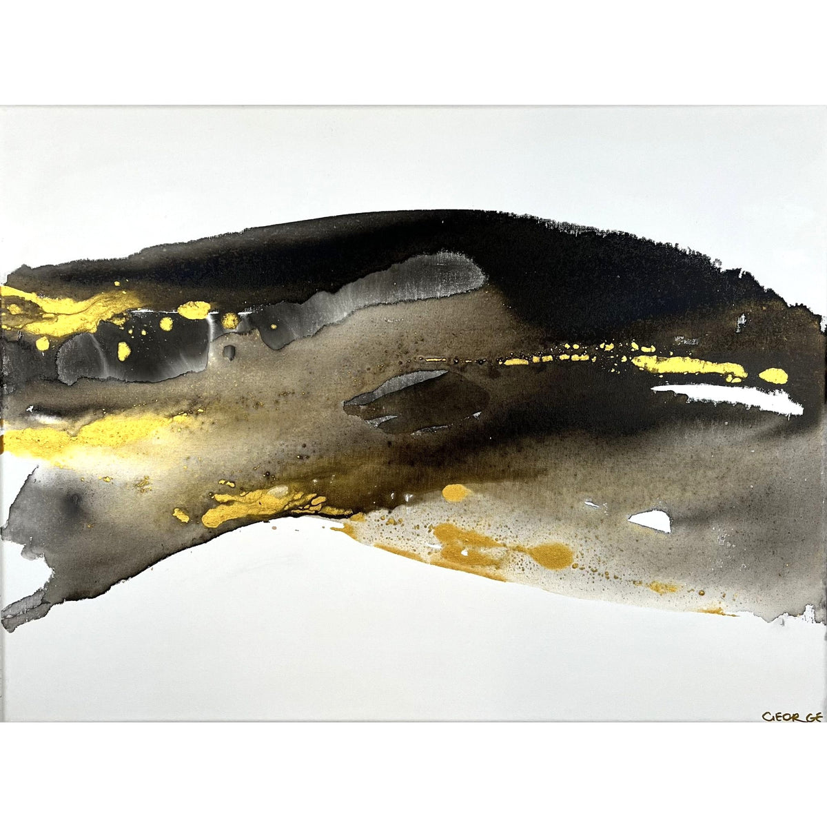 Abstract painting in black, gray, and gold tones by Charlotte George, Earth’s Whisper IV, expressing the molten energy and stillness of the earth.