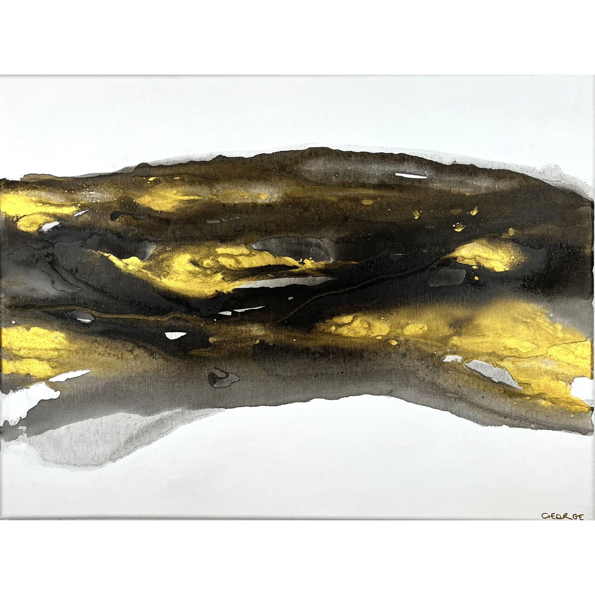 Abstract painting in black, gray, and gold tones by Charlotte George, Earth’s Whisper V, evoking the shifting movement and subtle radiance of the natural world