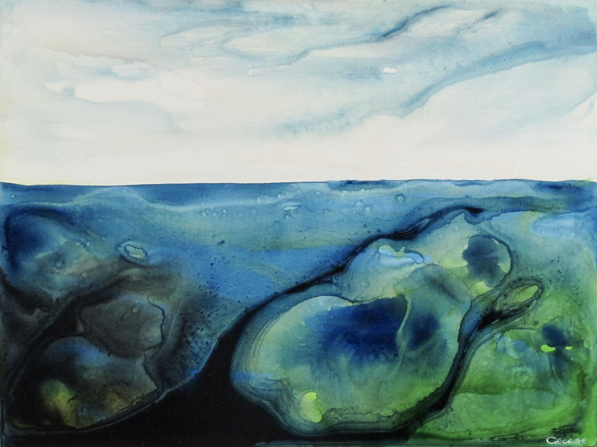Acrylic ink painting with layered ocean hues and organic forms, echoing the iridescent tones of coastal rock pools