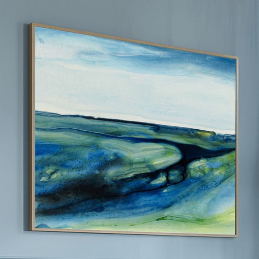 Ink on board artwork with rich marine colors and textural flow, inspired by the natural patterns of pāua shell pools.