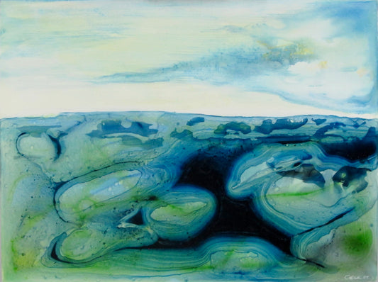 Vibrant abstract ink artwork inspired by New Zealand pāua shells, featuring flowing blues, greens, and pearlescent textures