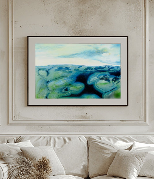 Vibrant abstract ink artwork inspired by New Zealand pāua shells, featuring flowing blues, greens, and pearlescent textures