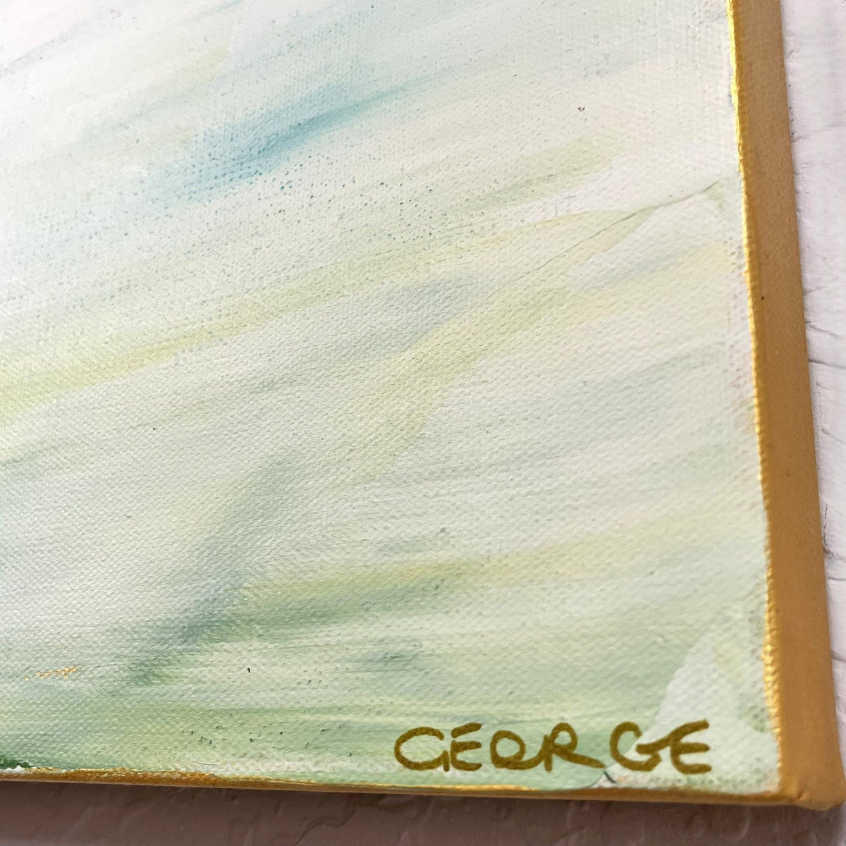 Layered abstract with blue, green tones and wave-like motion, reflecting the interplay of rivers in Charlotte George’s style 