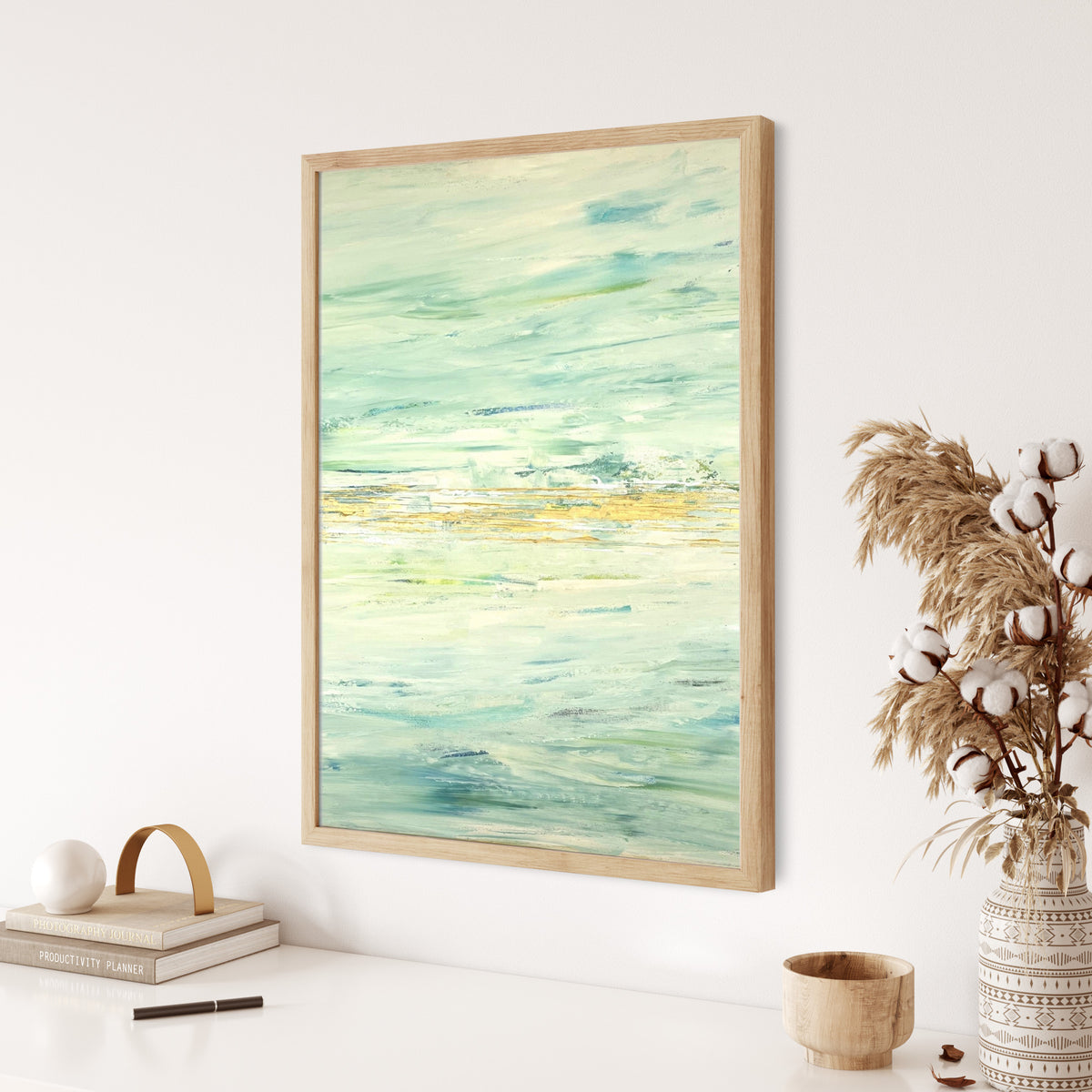 Contemporary abstract painting with subtle color gradients and textured flow, inspired by nature’s cycles and water’s quiet force