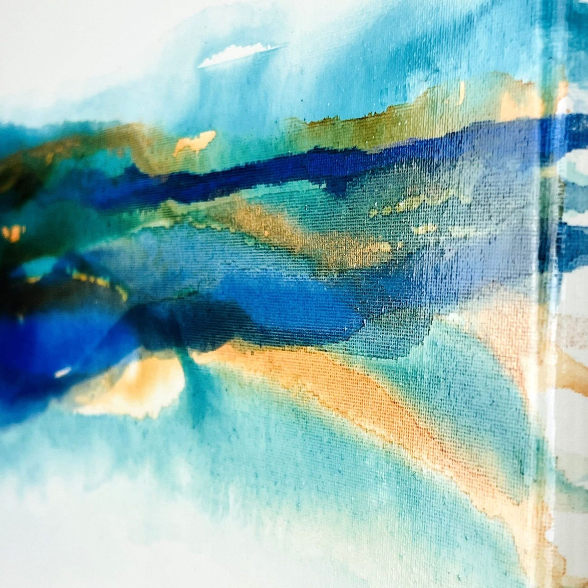 Abstract painting with soft layers of turquoise, brown, and blue ink flowing across a light canvas