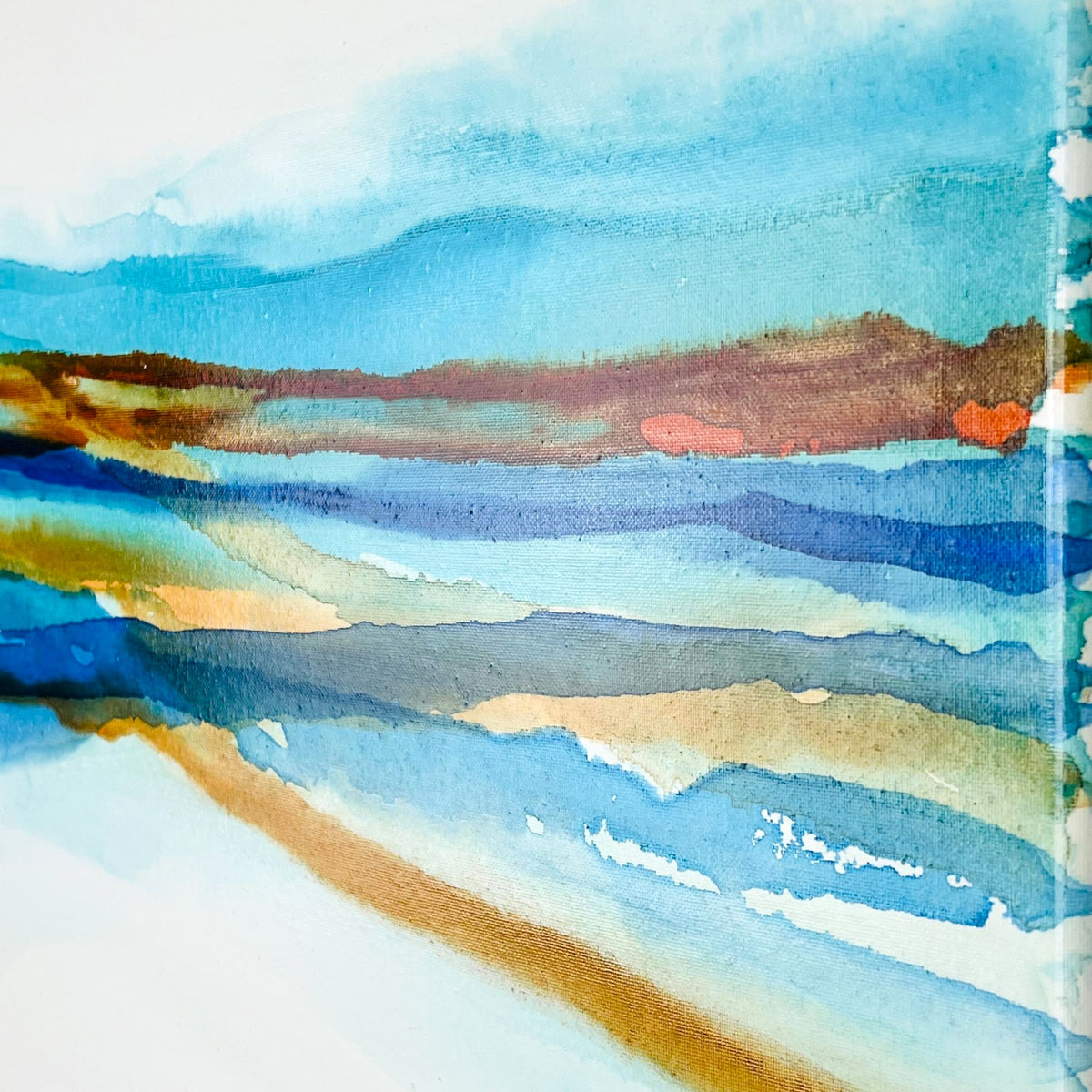 Contemporary abstract painting with layered blue, green, and warm tones forming a coastal-inspired ink landscape