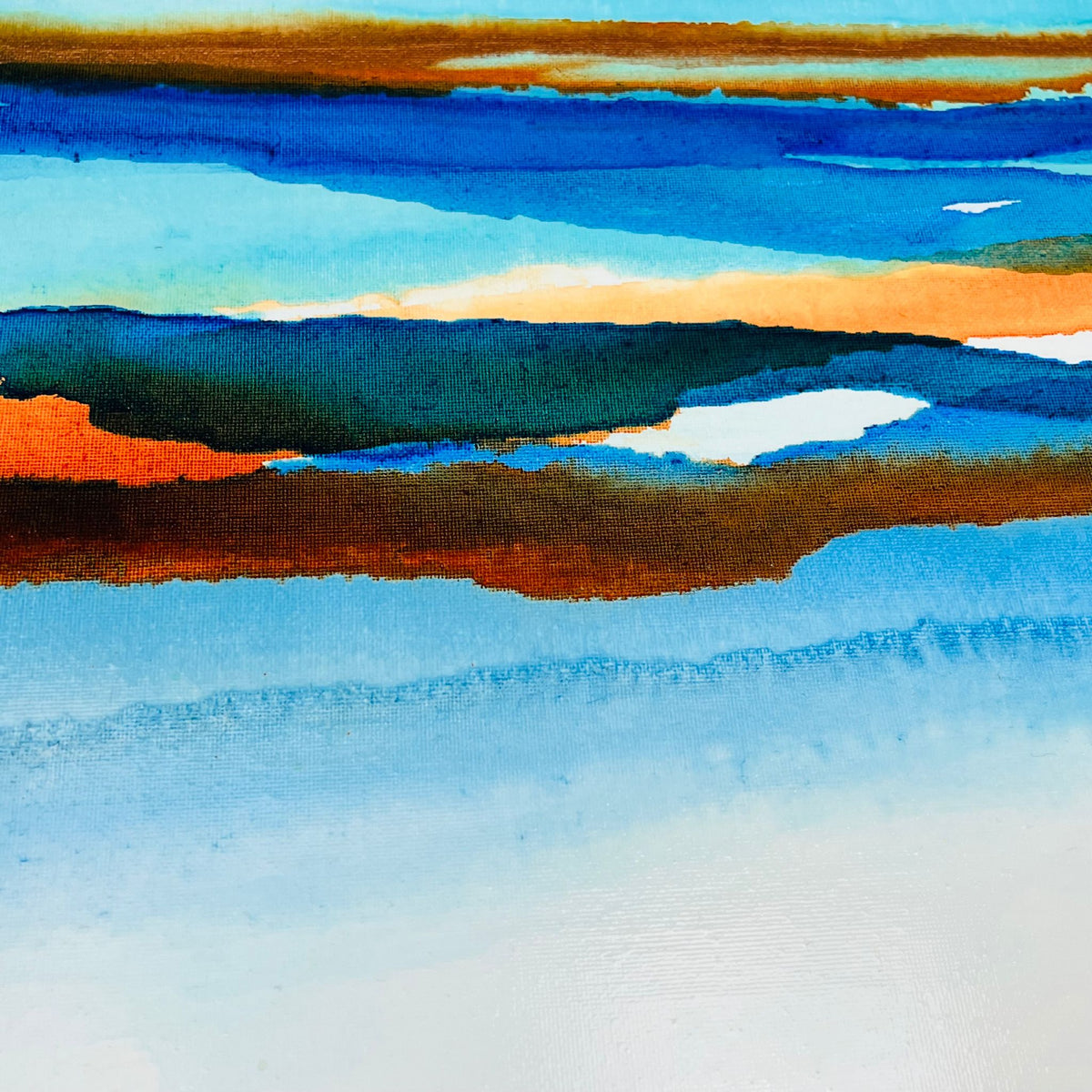 Contemporary abstract painting with layered blue, green, and warm tones forming a coastal-inspired ink landscape