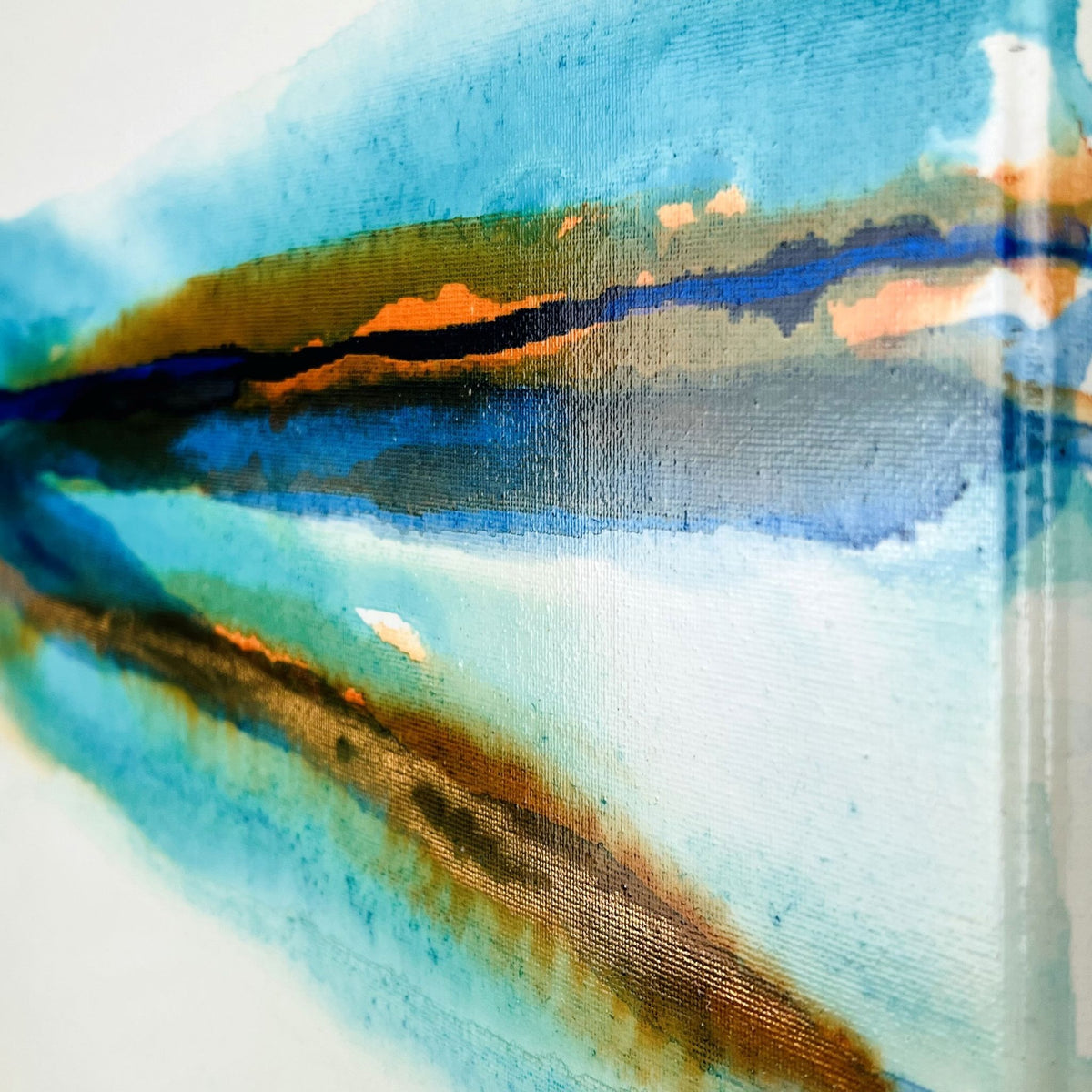 Abstract acrylic ink painting with flowing turquoise, brown, and blue tones evoking shallow water reflections