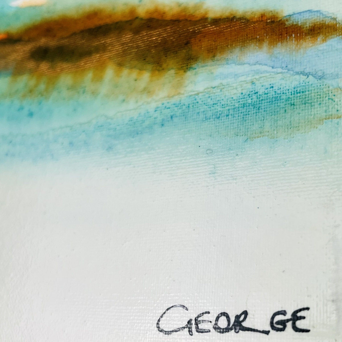 Abstract acrylic ink painting with flowing turquoise, brown, and blue tones evoking shallow water reflections