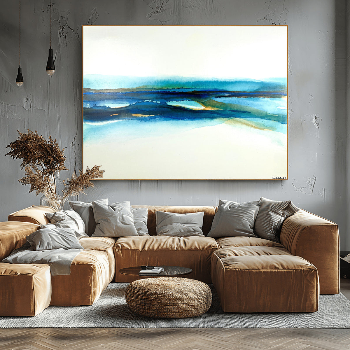 Abstract seascape painting in acrylic ink by Charlotte George, featuring fluid bands of turquoise, deep blue, and golden brown tones, evoking a serene horizon above shallow coastal waters. Titled ‘Shallow Waters VIII