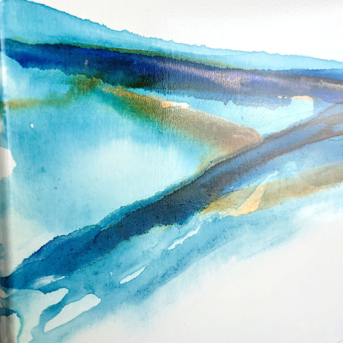 Abstract ink painting with sweeping blue and earth-toned layers evoking a modern coastal seascape