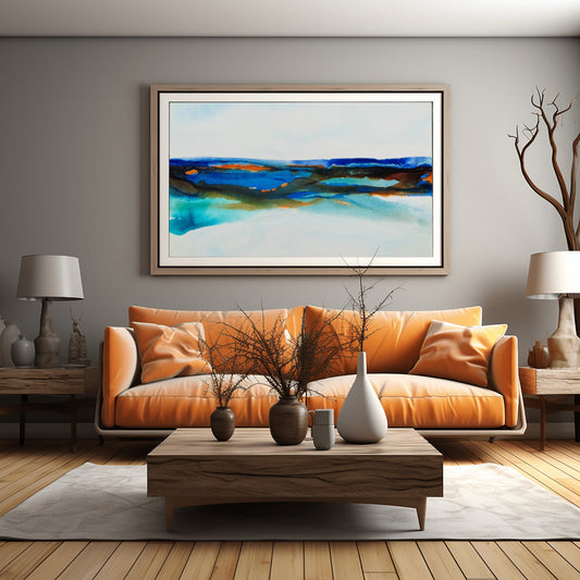 Shallow Waters V abstract artwork by Charlotte George featuring soft blue and earthy layers inspired by tidepools