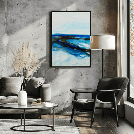Waterline III fine art print by Charlotte George with soft earthy neutrals and fluid blue ink suggesting coastal calm