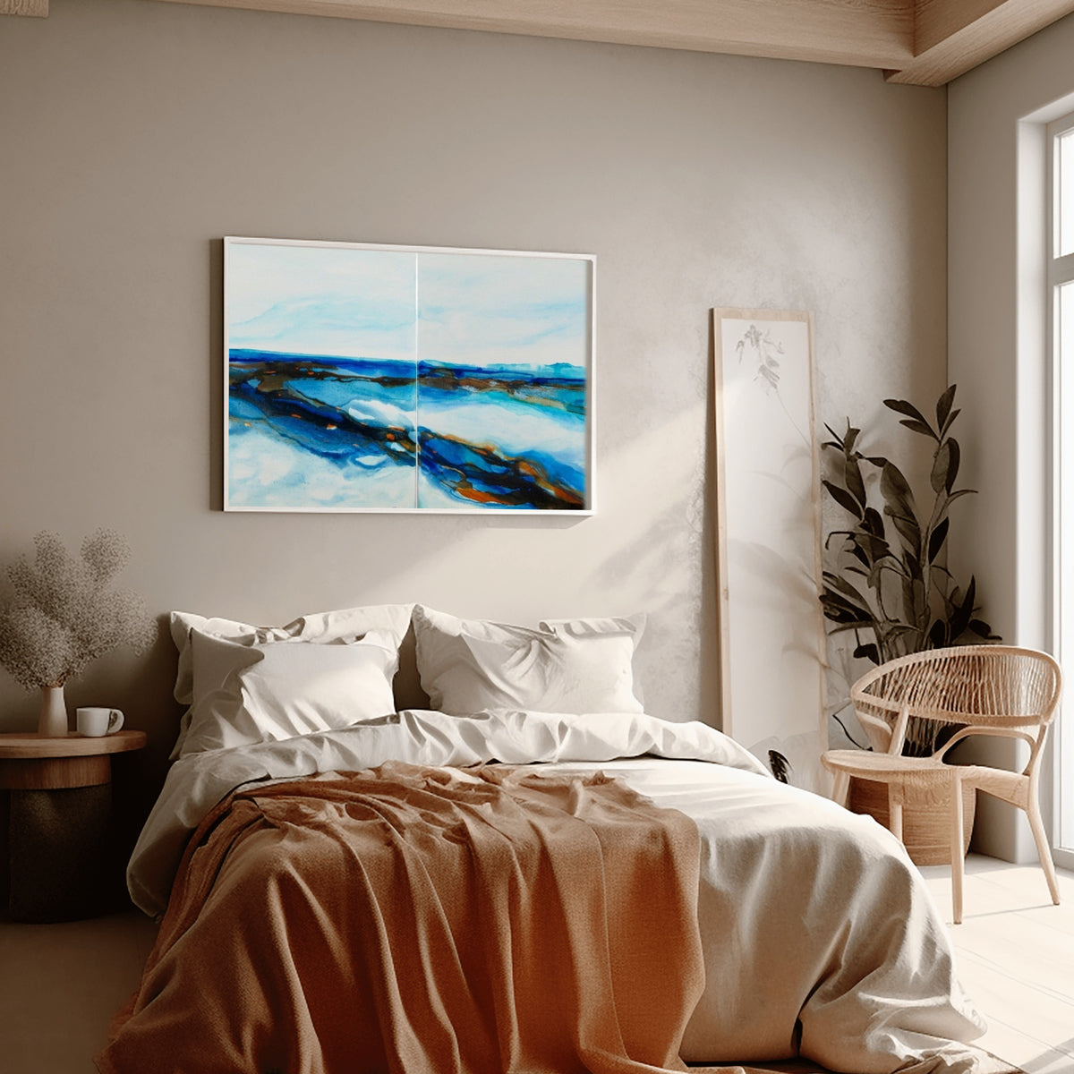 Acrylic ink paintings with layered aquas and sandy copper tones, inspired by wind and dune patterns