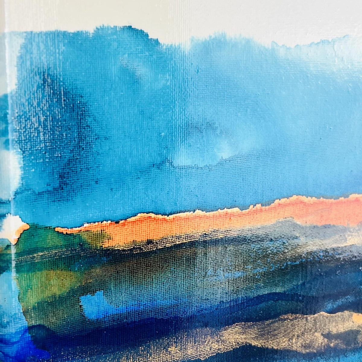 Fluid ocean-inspired artwork with bold turquoise and earth tones in acrylic ink on canvas by Charlotte George Artist