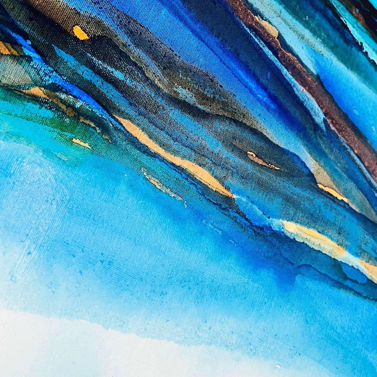 Fluid ocean-inspired artwork with bold turquoise and earth tones in acrylic ink on canvas by Charlotte George Artist