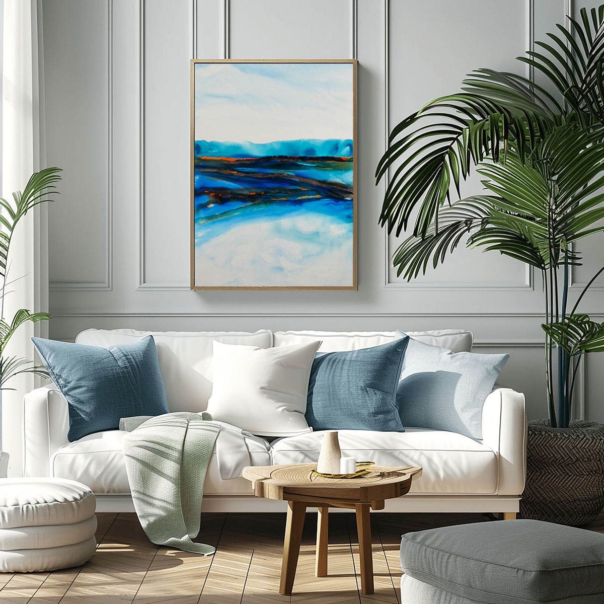 Waterline II abstract shoreline print by Charlotte George with fluid blue layers and soft beige accents