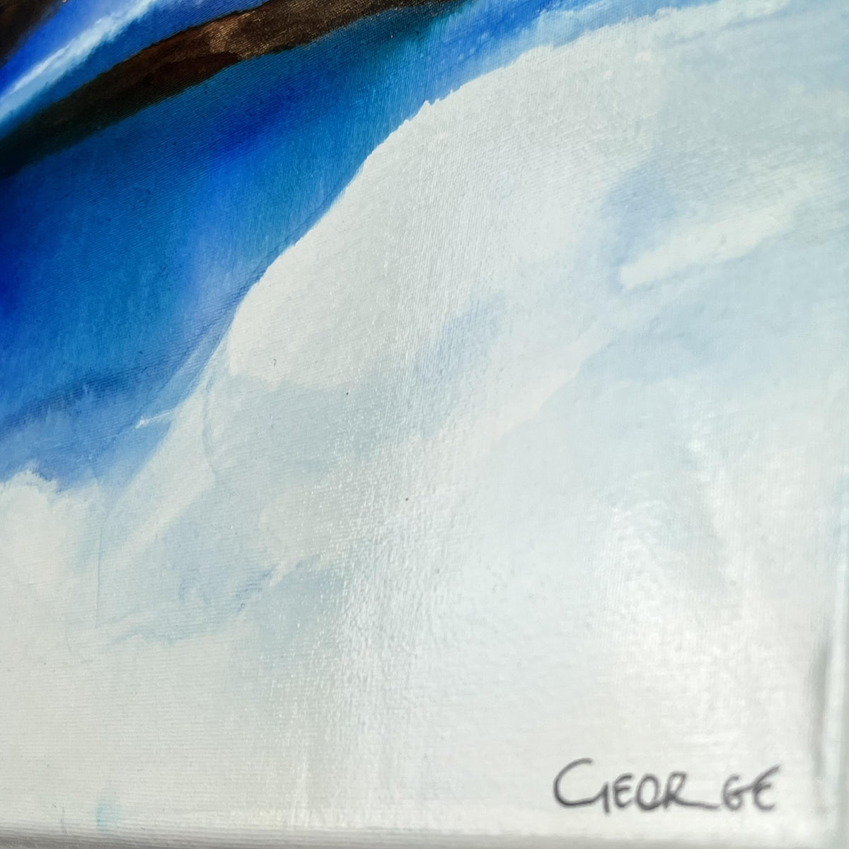 Dreamlike abstract landscape in blue and beige hues, capturing the horizon between sea and sky